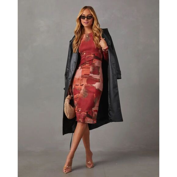 VICI Fall Baecation Printed Long Sleeve Mesh Midi Dress Red, Rust Size M - Picture 3 of 12